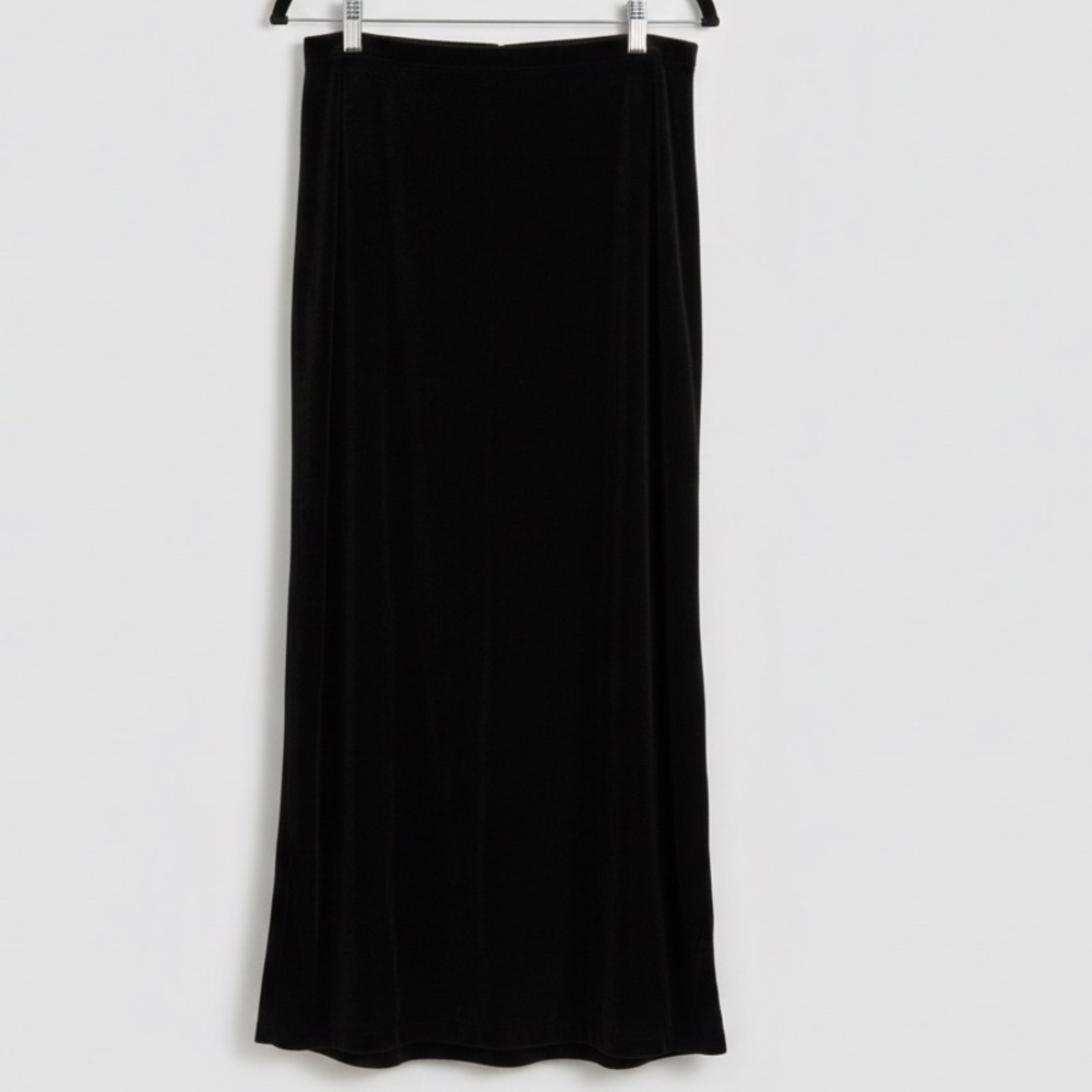 Vintage Elementz Black Midi Skirt Size M Stretch Elastic Waist Back Slit 90s - Picture 2 of 8